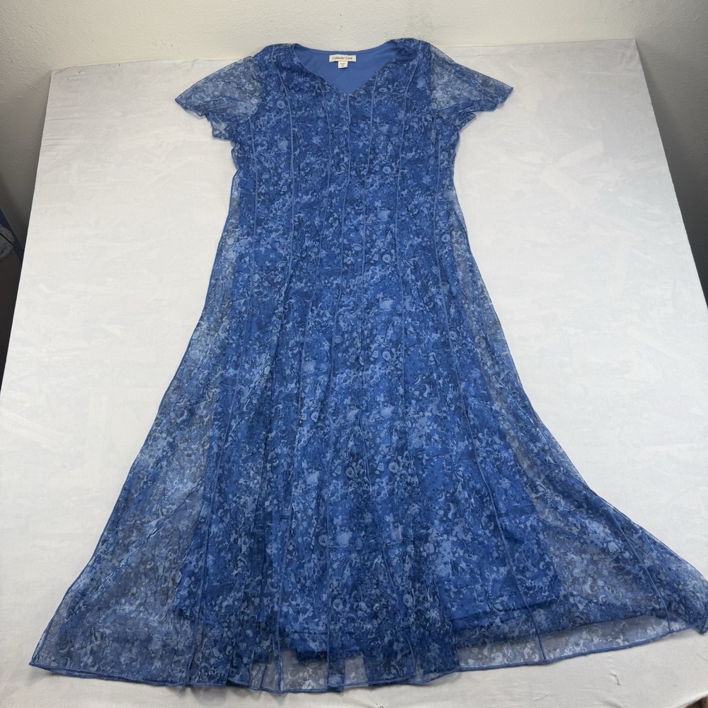 Coldwater Creek Flowy Mesh Midi Dress Womens XS Sheer Sleeves Blue Church Dressy